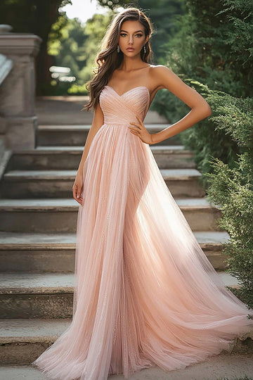 Chic blush chérie Robe de bal longue en tulle froncé trapèze avec fente